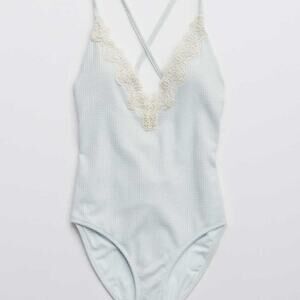 Aerie pale blue crochet embellished v neck one piece waffle swimsuit, XL